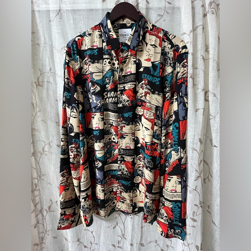 Youngla Comic Print Long Sleeve Men’s Shirt Size Large